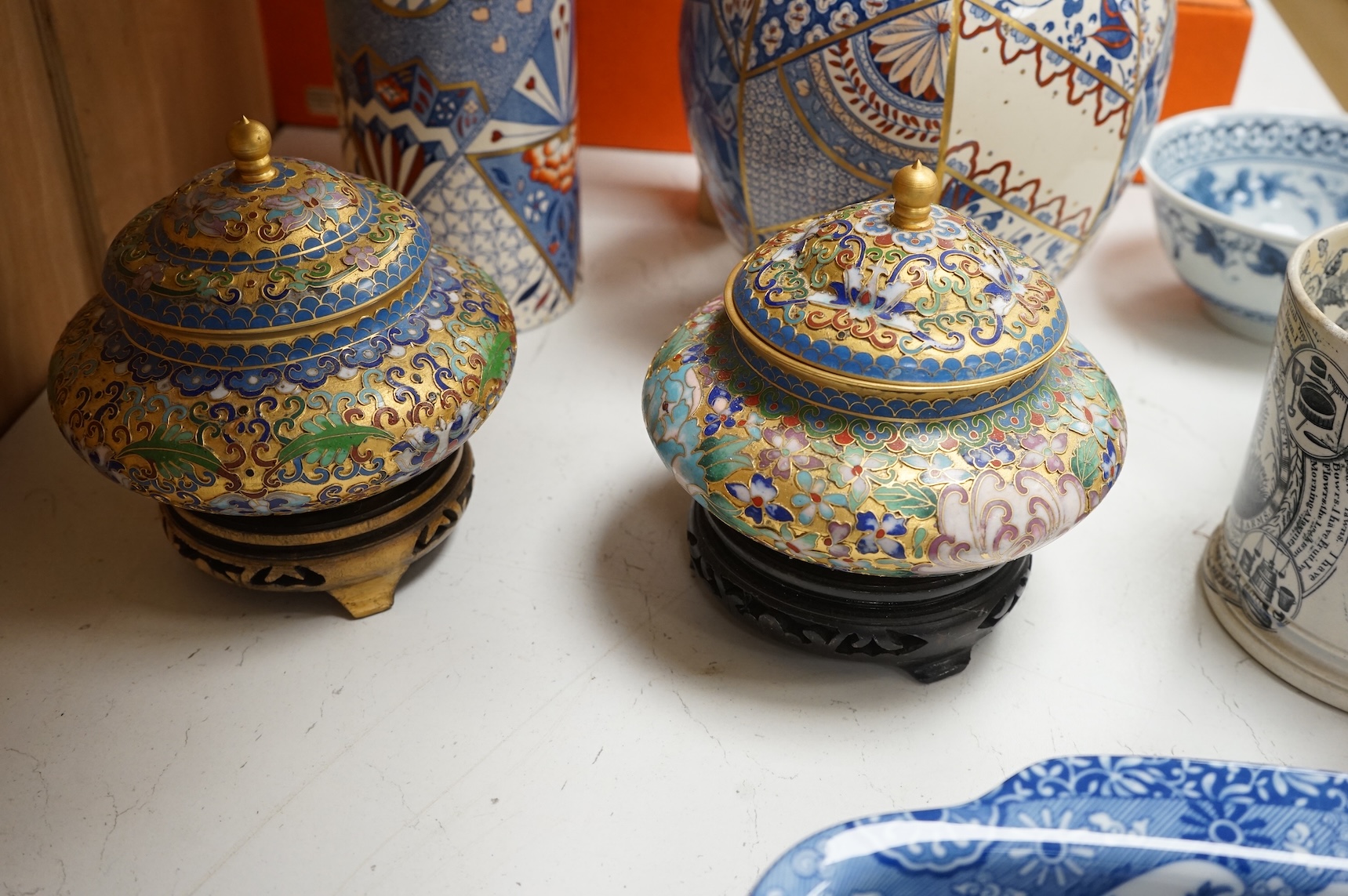 Sundry porcelain and objects to include a pair of Chinese cloisonné enamel bowls and covers, pottery twin handled printed cup and Masons vase, largest 26cm high